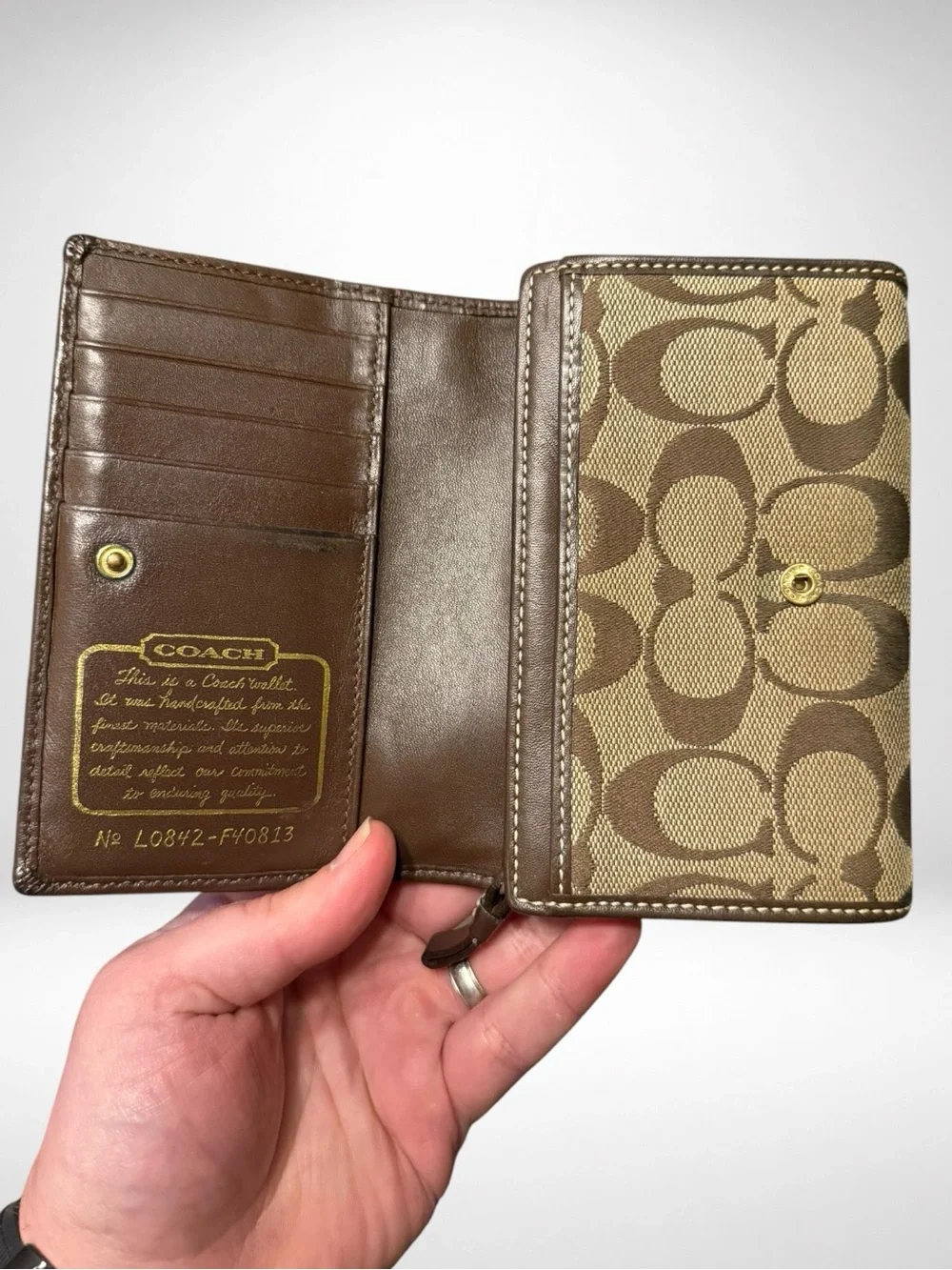 COACH Poppy Legacy Stripe Signature Bifold Wallet Khaki Brown Jacquard